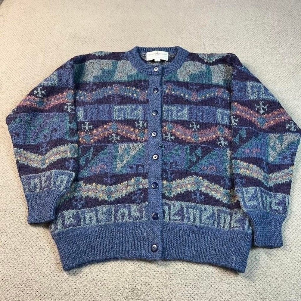 Vintage 1990s Peruvian Connection Alpaca Cardigan Sweater Blue Patterned Sz S